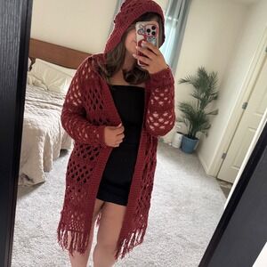 Boho Western Crochet Hooded Duster Oliver by Escio Cardigan Medium Burgundy